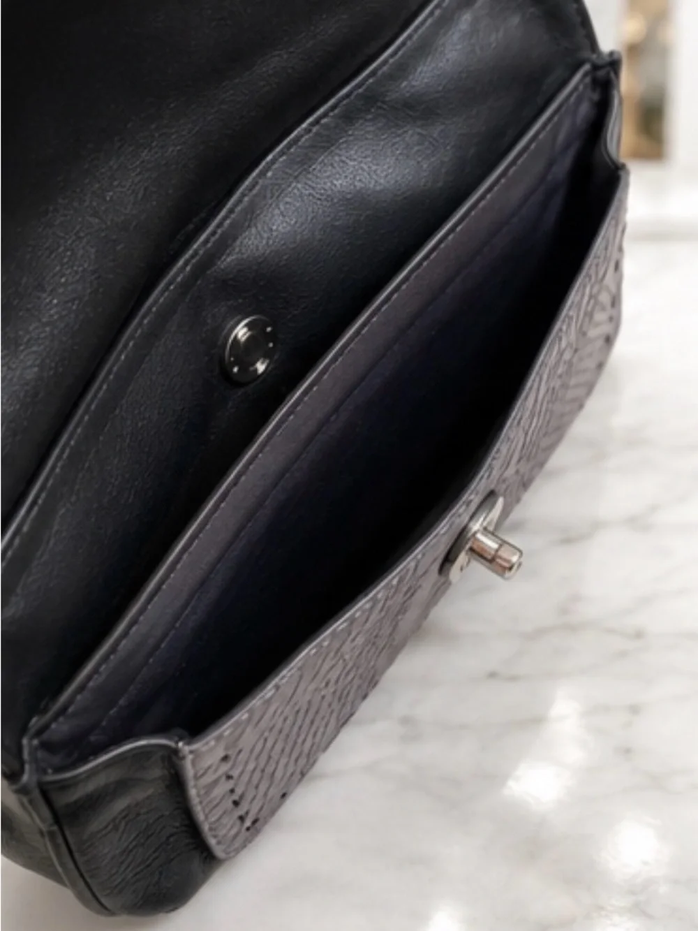 Coach Madison Python Embossed Leather Turnlock Wristlet Clutch Gray Black
